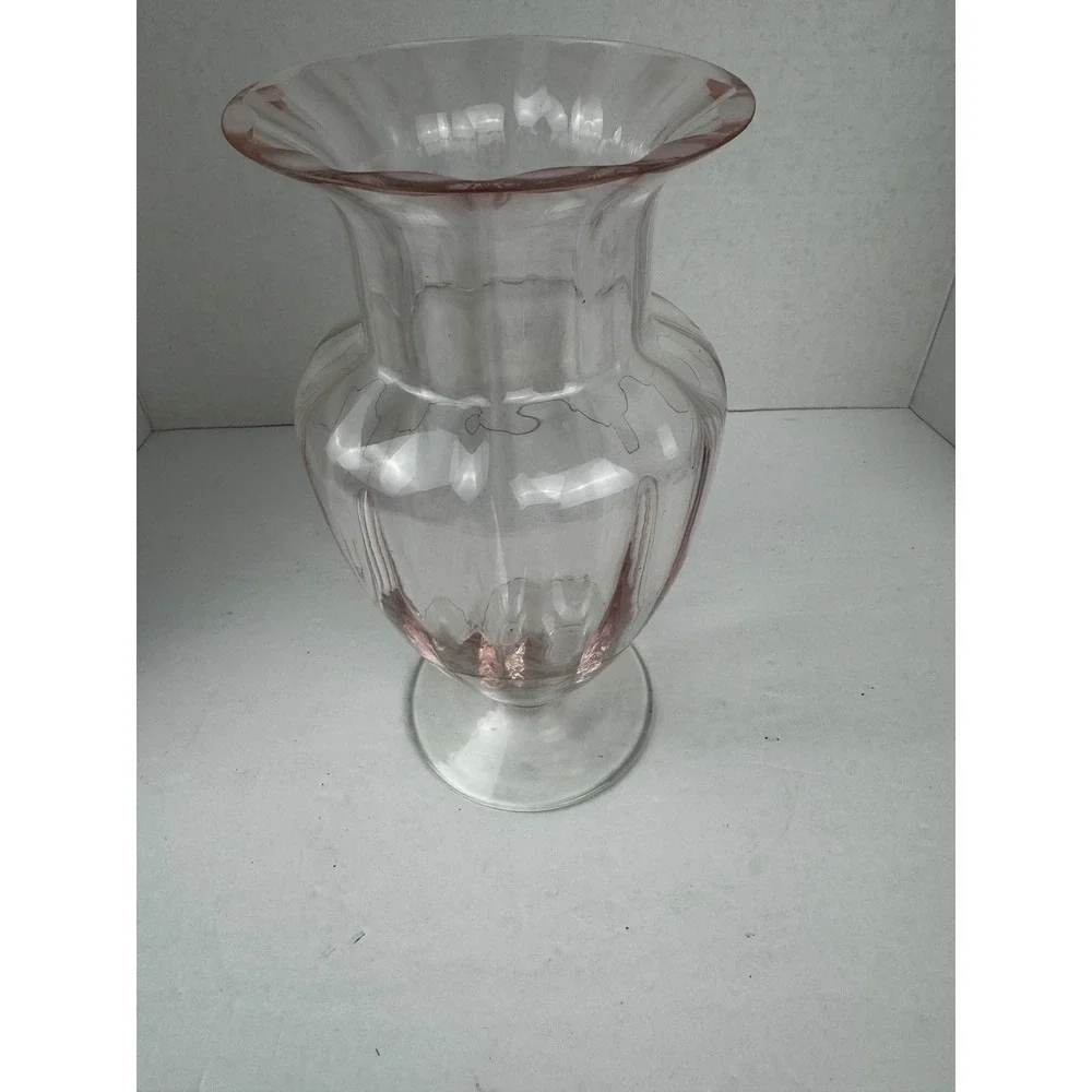 Vintage Tiffin Style Pink Ribbed Glass Vase Flared Rim Pedestal Base Optic Glass